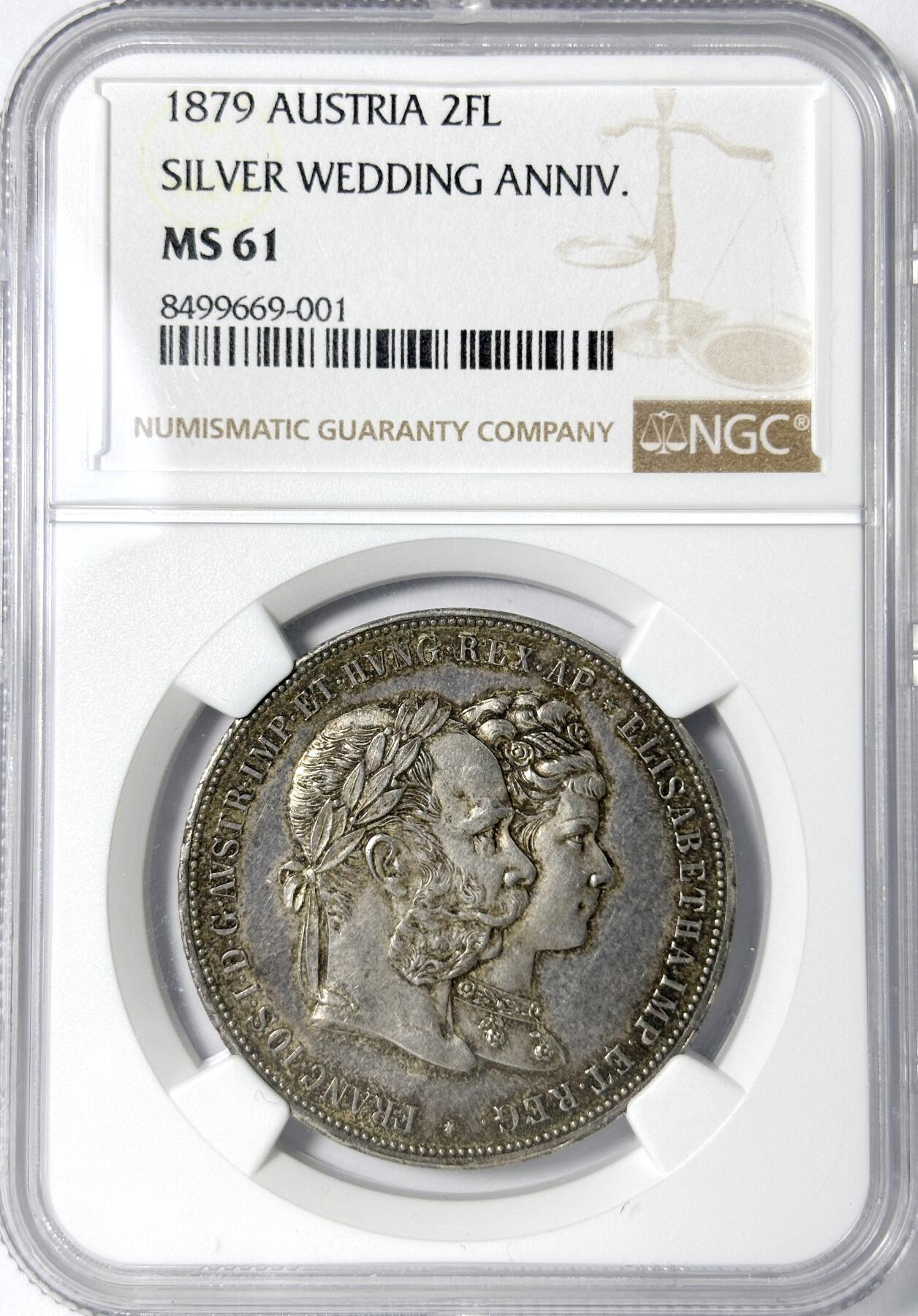 【雨安】【世界币章112-113期】周五/周六 两场连拍 2025-11-01 周六 19:30 保真 8秒倒数自动落锤 高效拍卖 [评级欧洲] Austria 奥地利 2弗洛林 1879年 茜茜公主婚礼 NGC-MS61