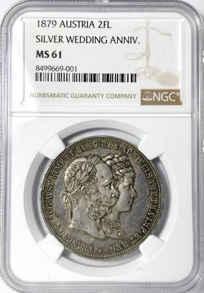 【雨安】【世界币章112-113期】周五/周六 两场连拍 2025-11-01 周六 19:30 保真 8秒倒数自动落锤 高效拍卖 - [评级欧洲] Austria 奥地利 2弗洛林 1879年 茜茜公主婚礼 NGC-MS61