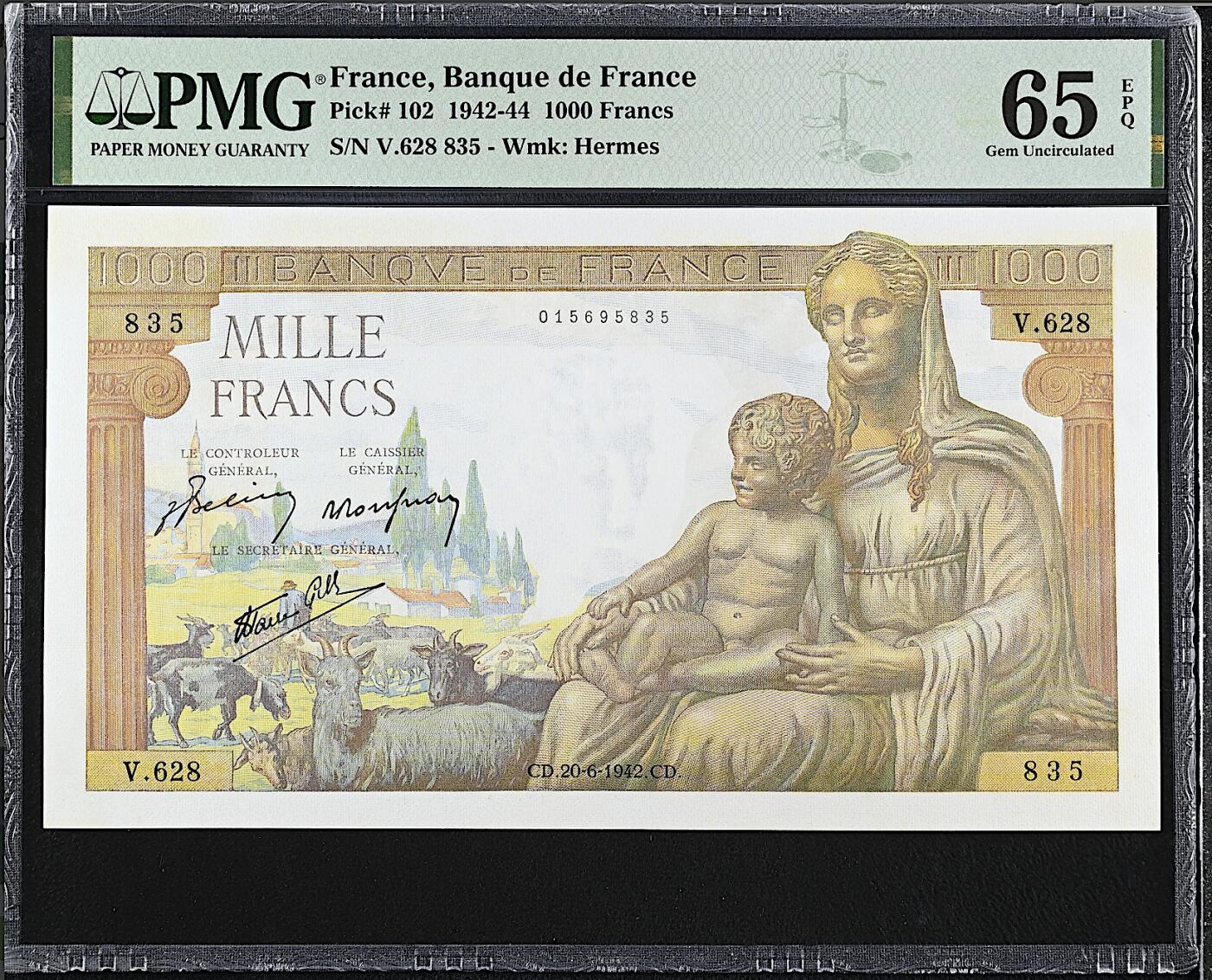 《艾美收藏》第218期-11.2周日外币荟萃 法国1000法郎 PMG65E 1942年老版本 大票幅 无47尾