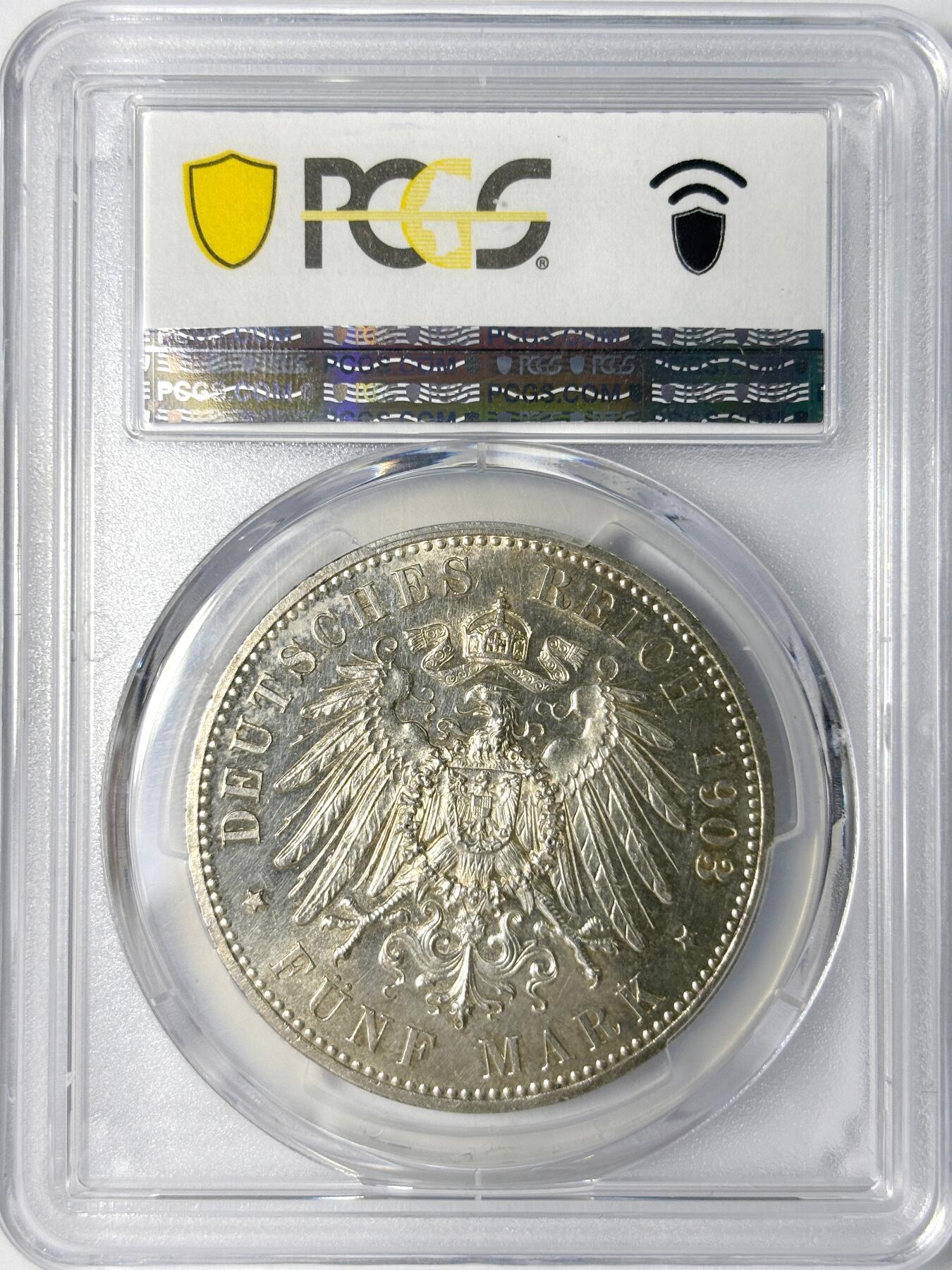 【雨安】【世界币章112-113期】周五/周六 两场连拍 2025-11-01 周六 19:30 保真 8秒倒数自动落锤 高效拍卖 [评级德国] Germany 德国 帝国 瓦尔德克 5马克 (1903) 弗里德里希 1903年 PCGS-MS62PL 顶级罕见, PL更为难得