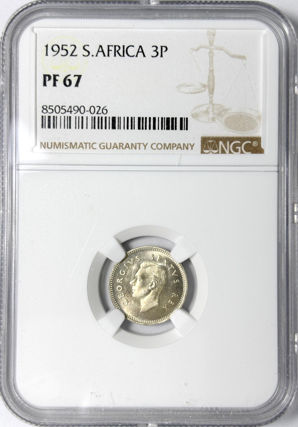 【雨安】【世界币章112-113期】周五/周六 两场连拍 2025-11-01 周六 19:30 保真 8秒倒数自动落锤 高效拍卖 [评级非洲] South Africa 南非 3便士 1952年 乔治五世 精制 NGC-PF67