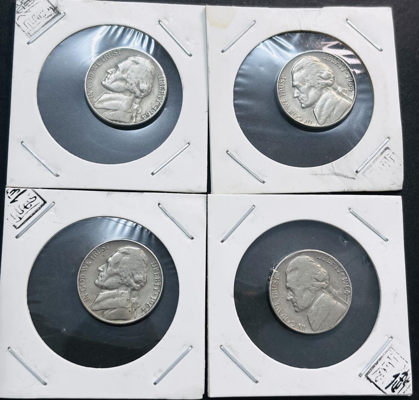 文馨钱币收藏第 278 场，银元，纸币，铜章场 长期接收代拍品 好品 1964 年美国杰斐逊 5 美分，3 枚 D 厂，1 枚无厂标，第八版首发年