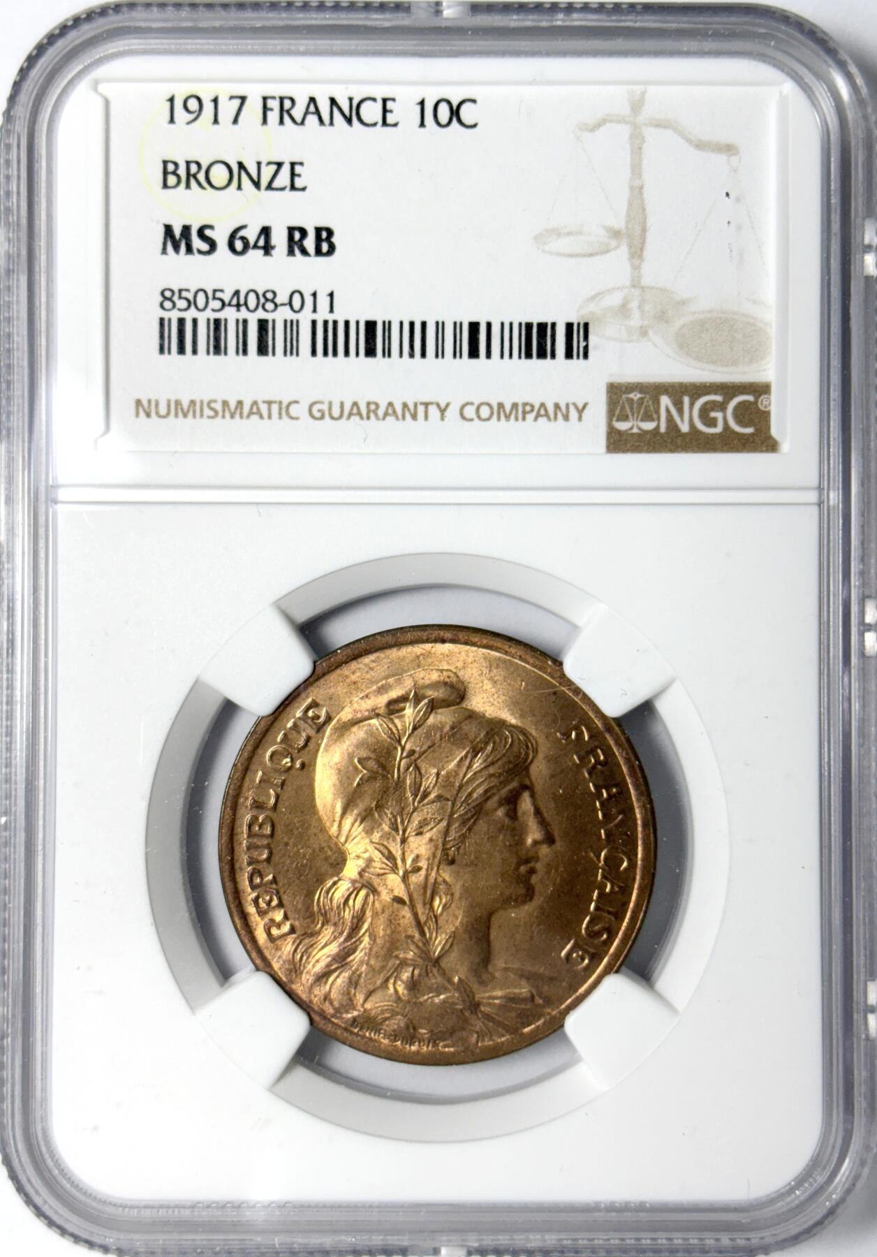 【雨安】【世界币章112-113期】周五/周六 两场连拍 2025-11-01 周六 19:30 保真 8秒倒数自动落锤 高效拍卖 [评级法国] France 法国 10分 1917年 NGC-MS64