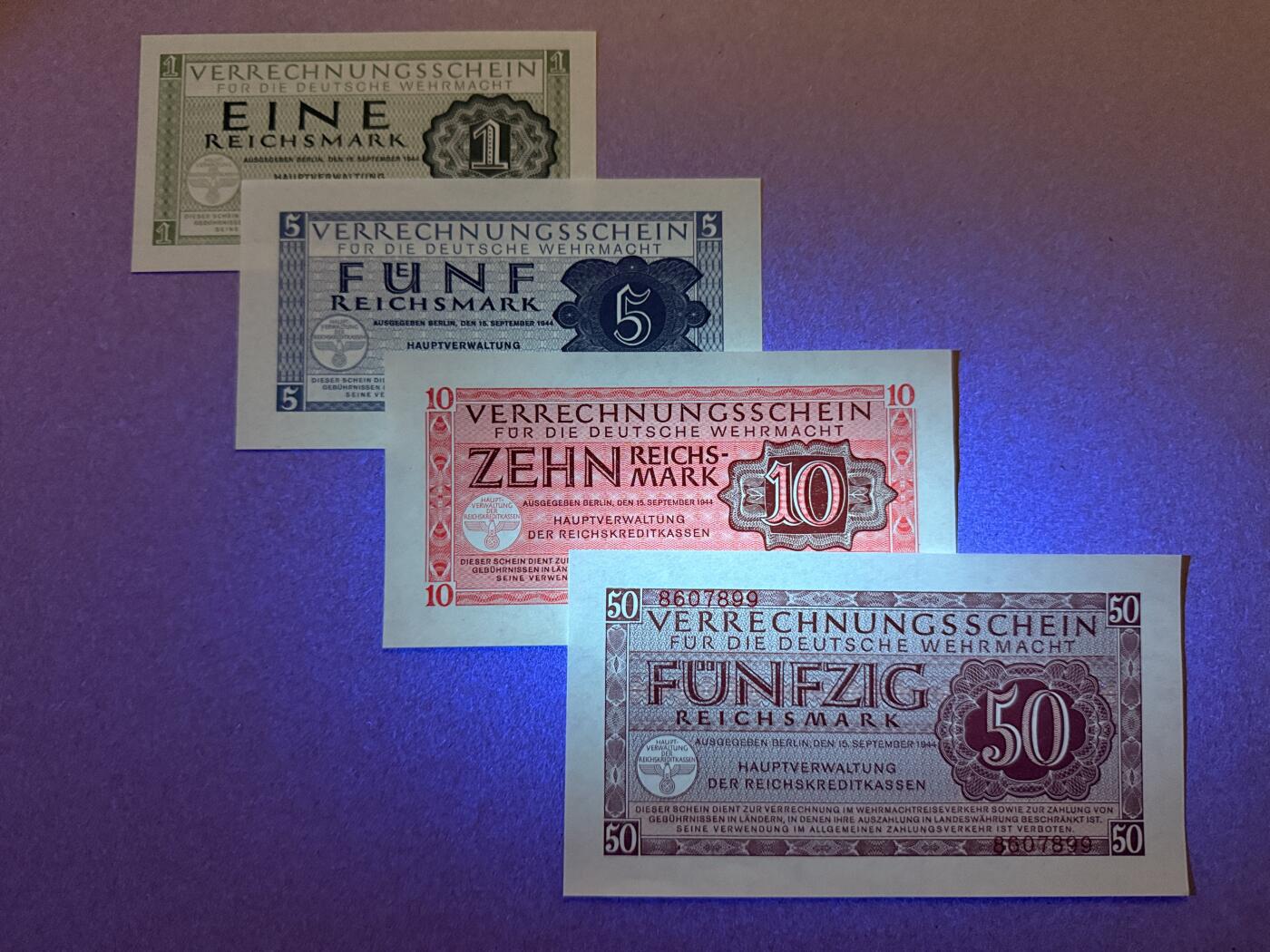 《艾美收藏》第218期-11.2周日外币荟萃 德国1、5、10、50马克4张 UNC 1944年 德国国防军帝国马克