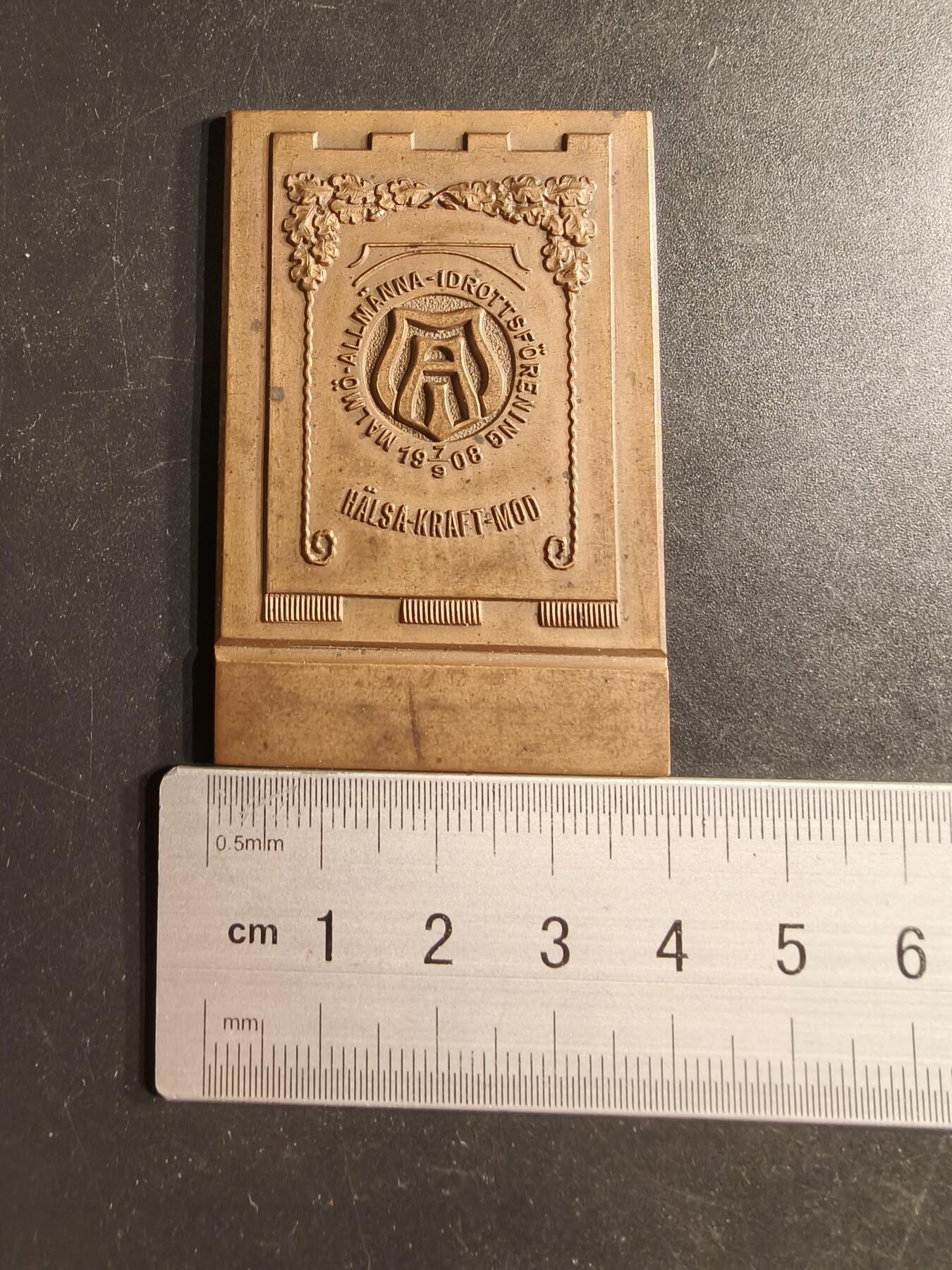 老王徽章第160期 瑞典马尔默体育协会方形大铜章     尺寸60×40mm.   重量45.8g