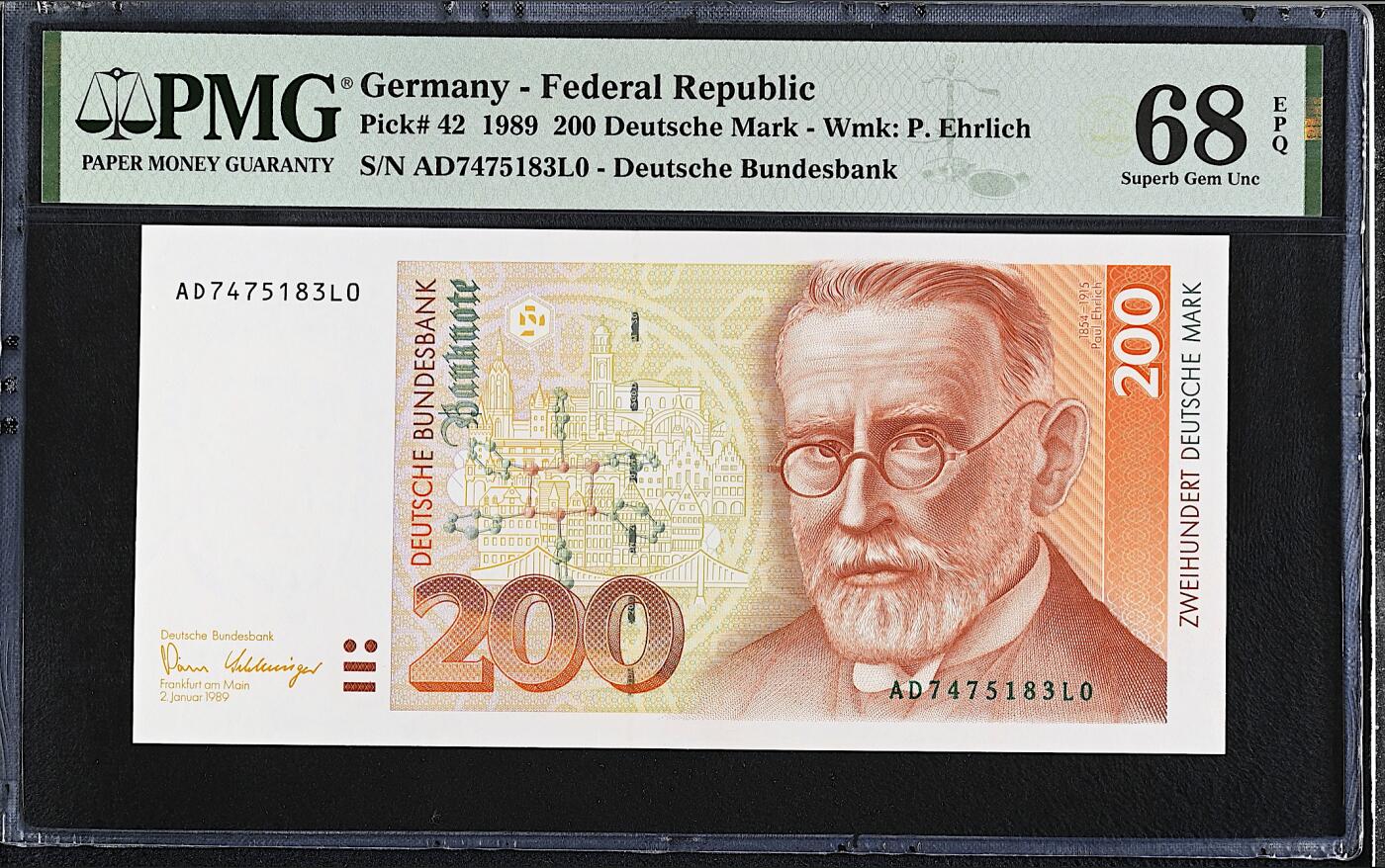《艾美收藏》第218期-11.2周日外币荟萃 德国200马克 PMG68E 1989年 德国医学家埃尔利希 冠军分