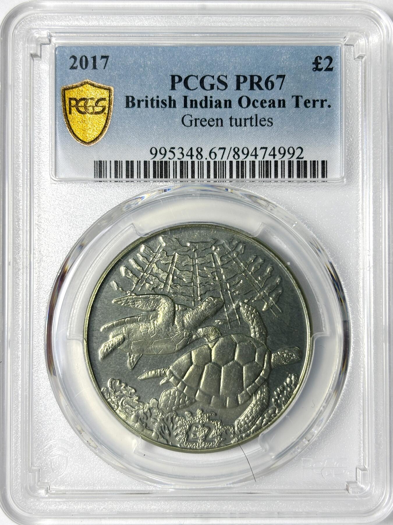 【雨安】【世界币章112-113期】周五/周六 两场连拍 2025-11-01 周六 19:30 保真 8秒倒数自动落锤 高效拍卖 [评级现代] British Indian Ocean Terr. 英属印度洋领地 2镑 2017年 绿海龟 PCGS-PR67