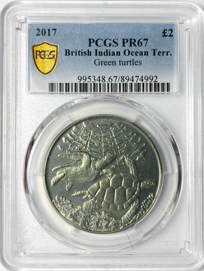 【雨安】【世界币章112-113期】周五/周六 两场连拍 2025-11-01 周六 19:30 保真 8秒倒数自动落锤 高效拍卖 - [评级现代] British Indian Ocean Terr. 英属印度洋领地 2镑 2017年 绿海龟 PCGS-PR67