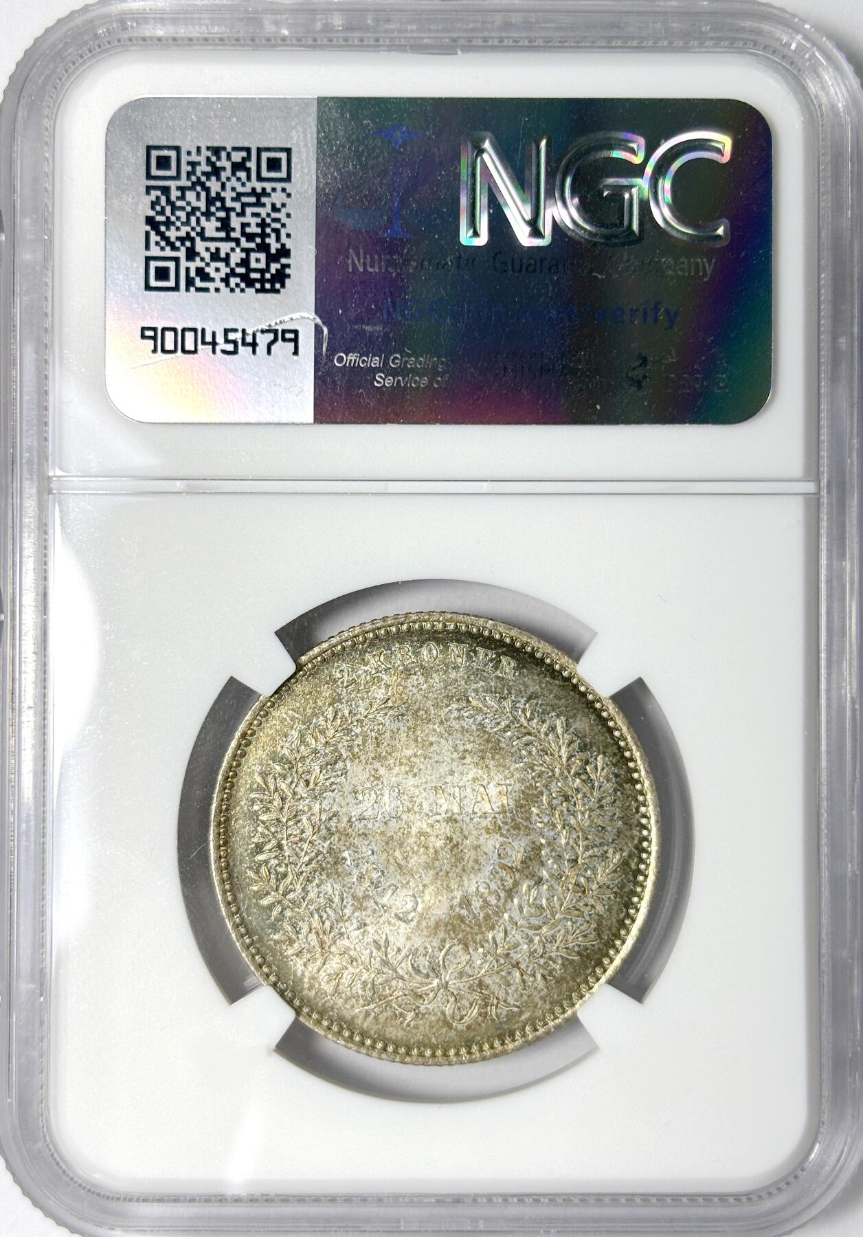 【雨安】【世界币章112-113期】周五/周六 两场连拍 2025-11-01 周六 19:30 保真 8秒倒数自动落锤 高效拍卖 [评级欧洲] Denmark 丹麦 2克朗 1892年 克里斯蒂安九世 结婚50周年纪念 NGC-MS64