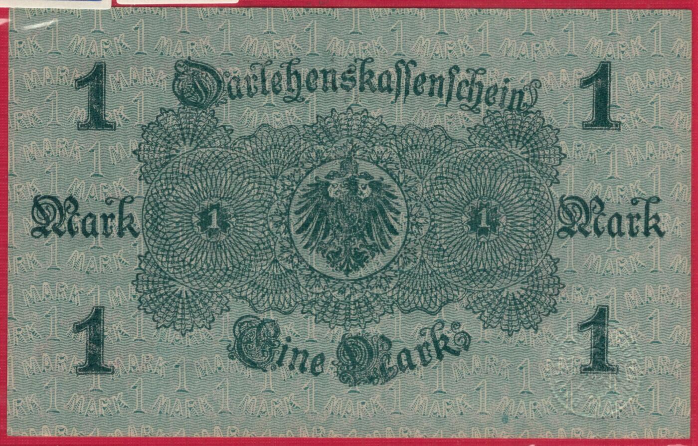 德国1914年(1917年)1马克 P-51 红号红印 背面绿色 实物图 UNC