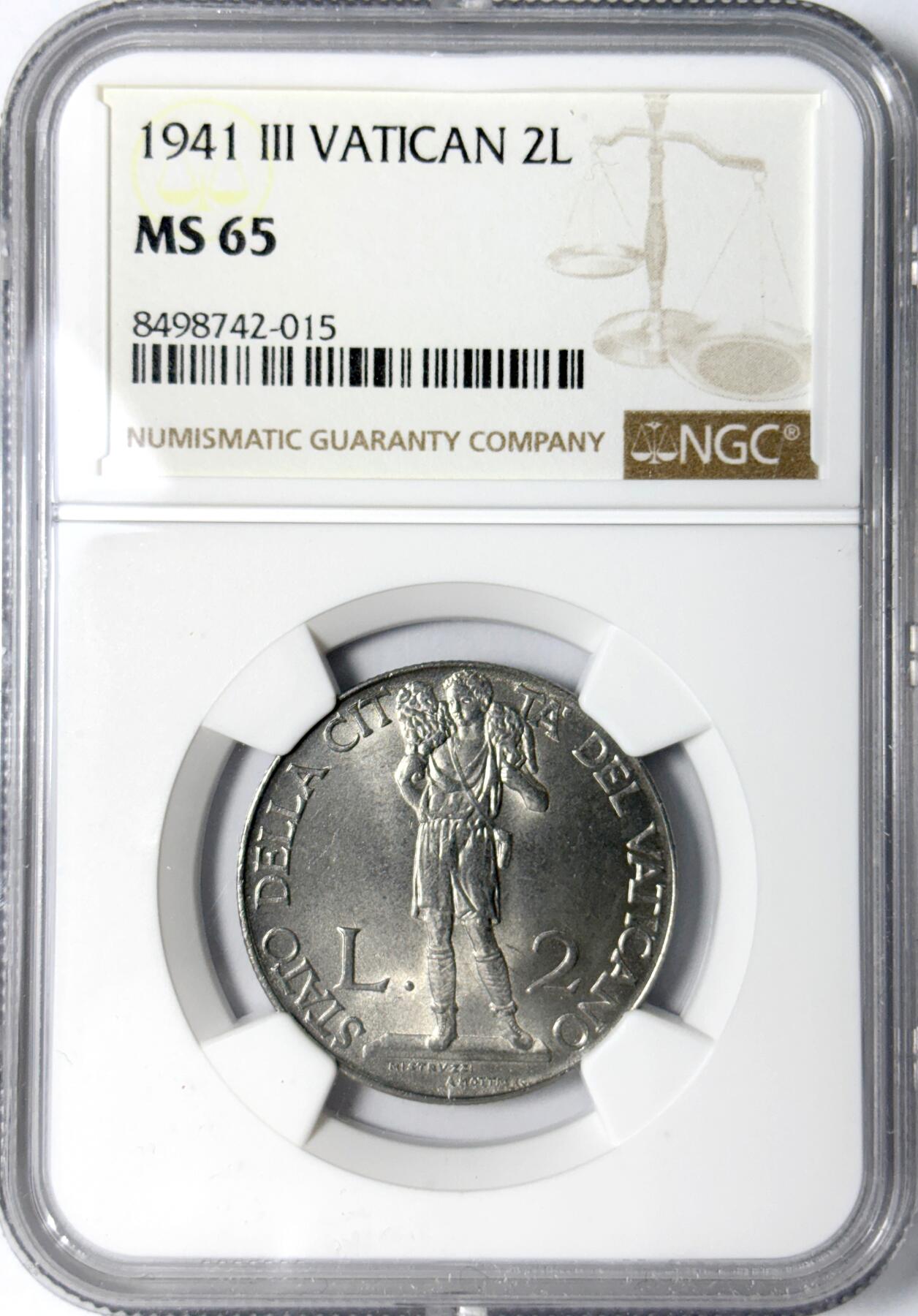 【雨安】【世界币章112-113期】周五/周六 两场连拍 2025-11-01 周六 19:30 保真 8秒倒数自动落锤 高效拍卖 [评级欧洲] Vatican 梵蒂冈 2里拉 1941年 NGC-MS65