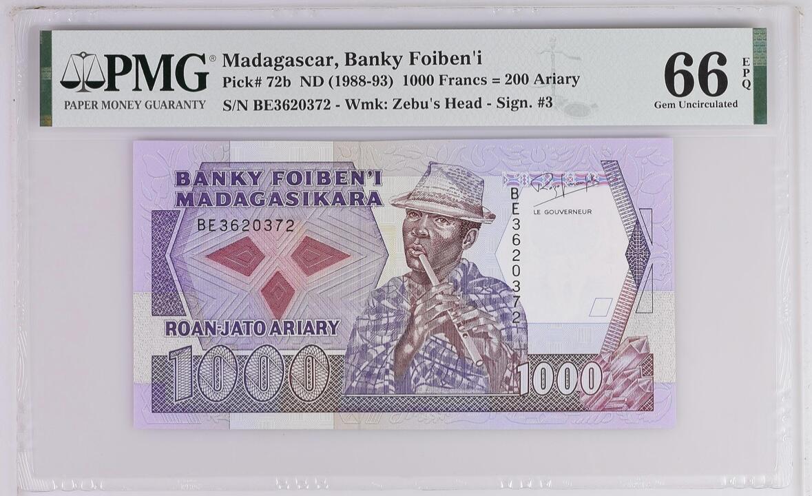 《艾美收藏》第218期-11.2周日外币荟萃 马达加斯加1000法郎 PMG66E 1988-93年 等值200里亚尔 背面是香草豆荚