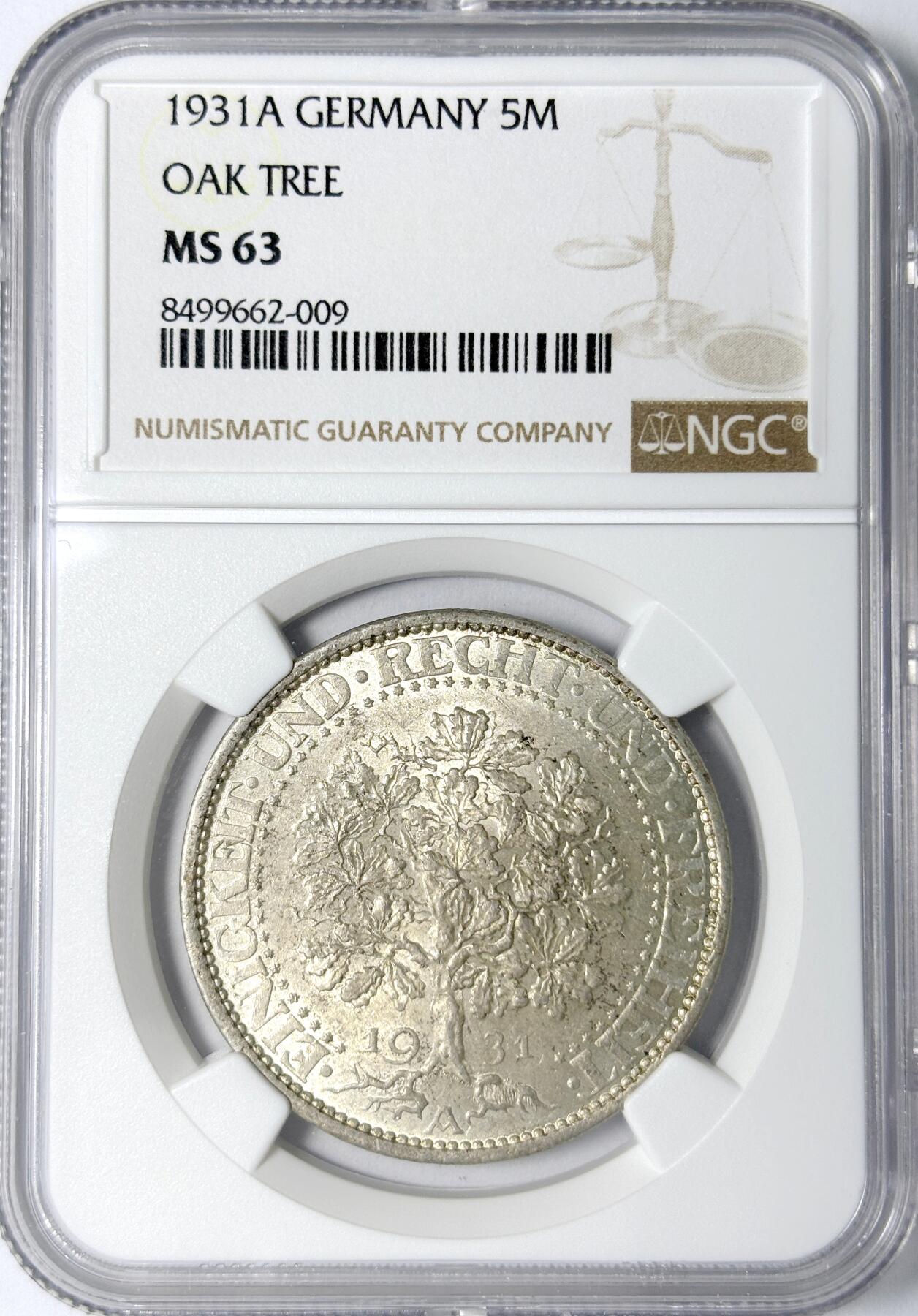 【雨安】【世界币章112-113期】周五/周六 两场连拍 2025-11-01 周六 19:30 保真 8秒倒数自动落锤 高效拍卖 [评级德国] Germany 德国 魏玛 5马克 KM#56 橡树 1931年 NGC-MS63