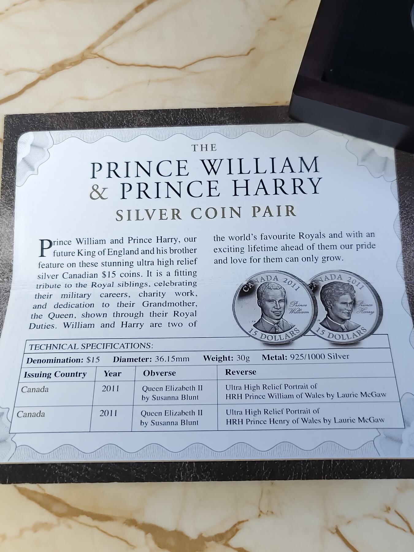 第180期拍卖【长期征集拍品】【北京币展专场】 加拿大2011年英国皇室威廉王子纪念银币2枚套装，925银，30克*2