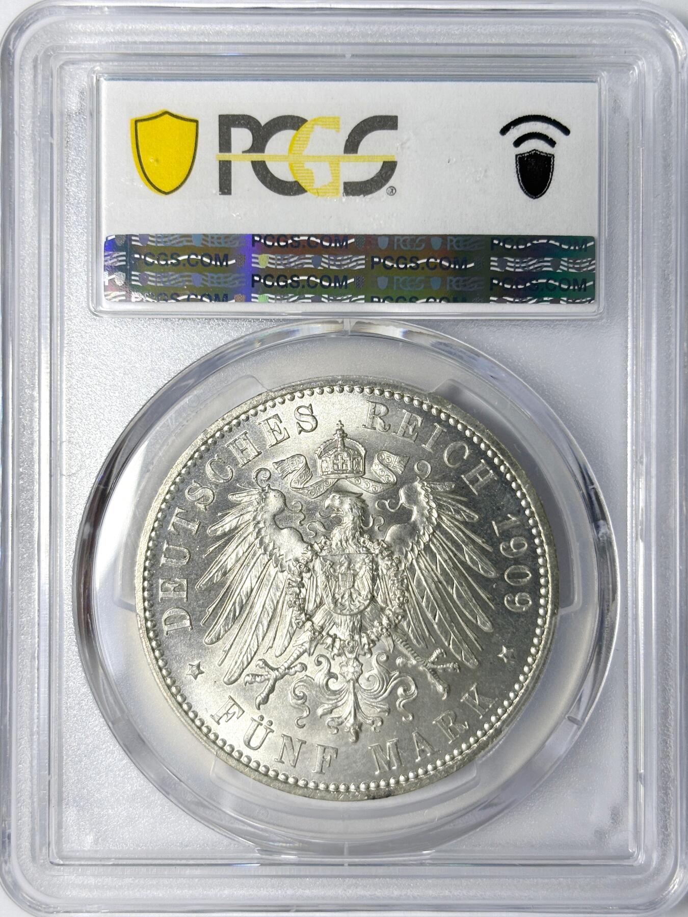 【雨安】【世界币章112-113期】周五/周六 两场连拍 2025-11-01 周六 19:30 保真 8秒倒数自动落锤 高效拍卖 [评级德国] Germany 德国 帝国 萨克森 5马克 (1909) 耶拿大学 1909年 PCGS-MS66