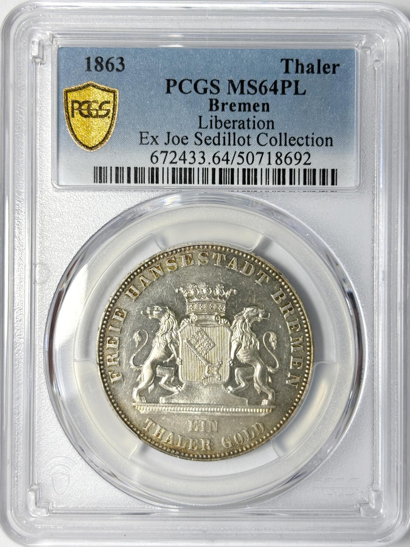 【雨安】【世界币章112-113期】周五/周六 两场连拍 2025-11-01 周六 19:30 保真 8秒倒数自动落锤 高效拍卖 [评级德国] Germany 德国 德意志 不莱梅 1泰勒 1863年 独立 PCGS-MS64PL