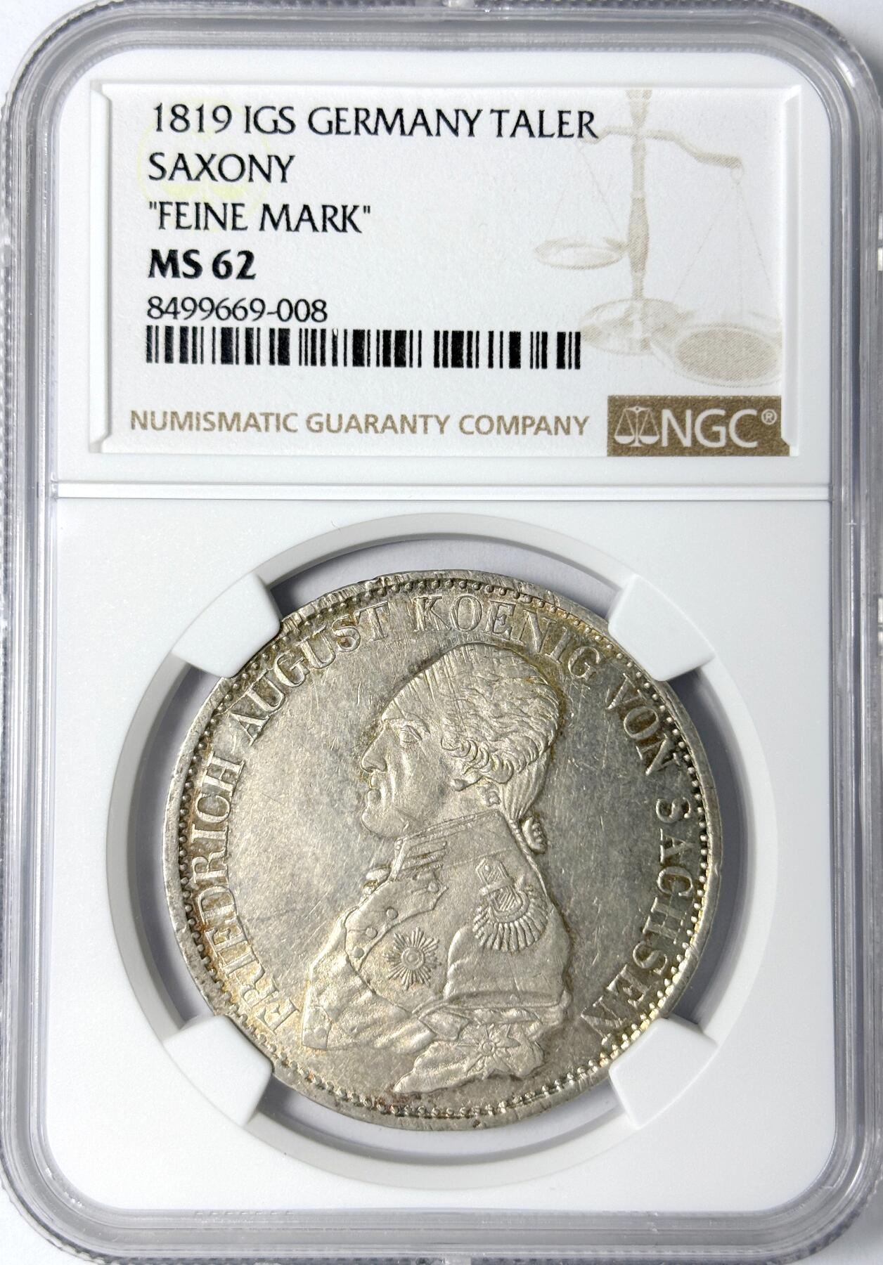 【雨安】【世界币章112-113期】周五/周六 两场连拍 2025-11-01 周六 19:30 保真 8秒倒数自动落锤 高效拍卖 [评级德国] Germany 德国 德意志 1泰勒 Saxony萨克森 奥古斯特 军装 1819年 NGC-MS62 同一老藏家精选萨克森经典泰勒收藏