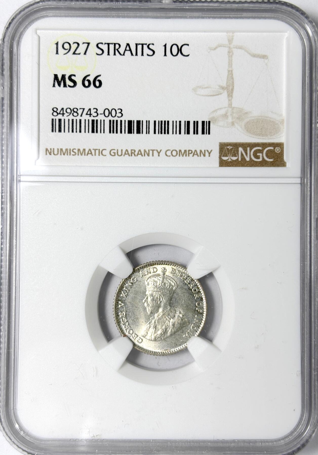 【雨安】【世界币章112-113期】周五/周六 两场连拍 2025-11-01 周六 19:30 保真 8秒倒数自动落锤 高效拍卖 [评级亚洲] Straits Settlements 英属海峡 10分 1927年 乔治五世 NGC-MS66