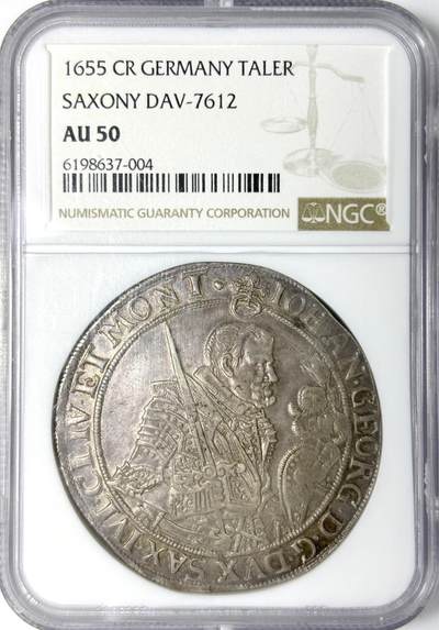 【雨安】【世界币章112-113期】周五/周六 两场连拍 2025-11-01 周六 19:30 保真 8秒倒数自动落锤 高效拍卖 - [评级德国] Germany 德国 德意志 萨克森 1泰勒 1655年 持剑武士 NGC-AU50 同一老藏家精选萨克森经典泰勒收藏