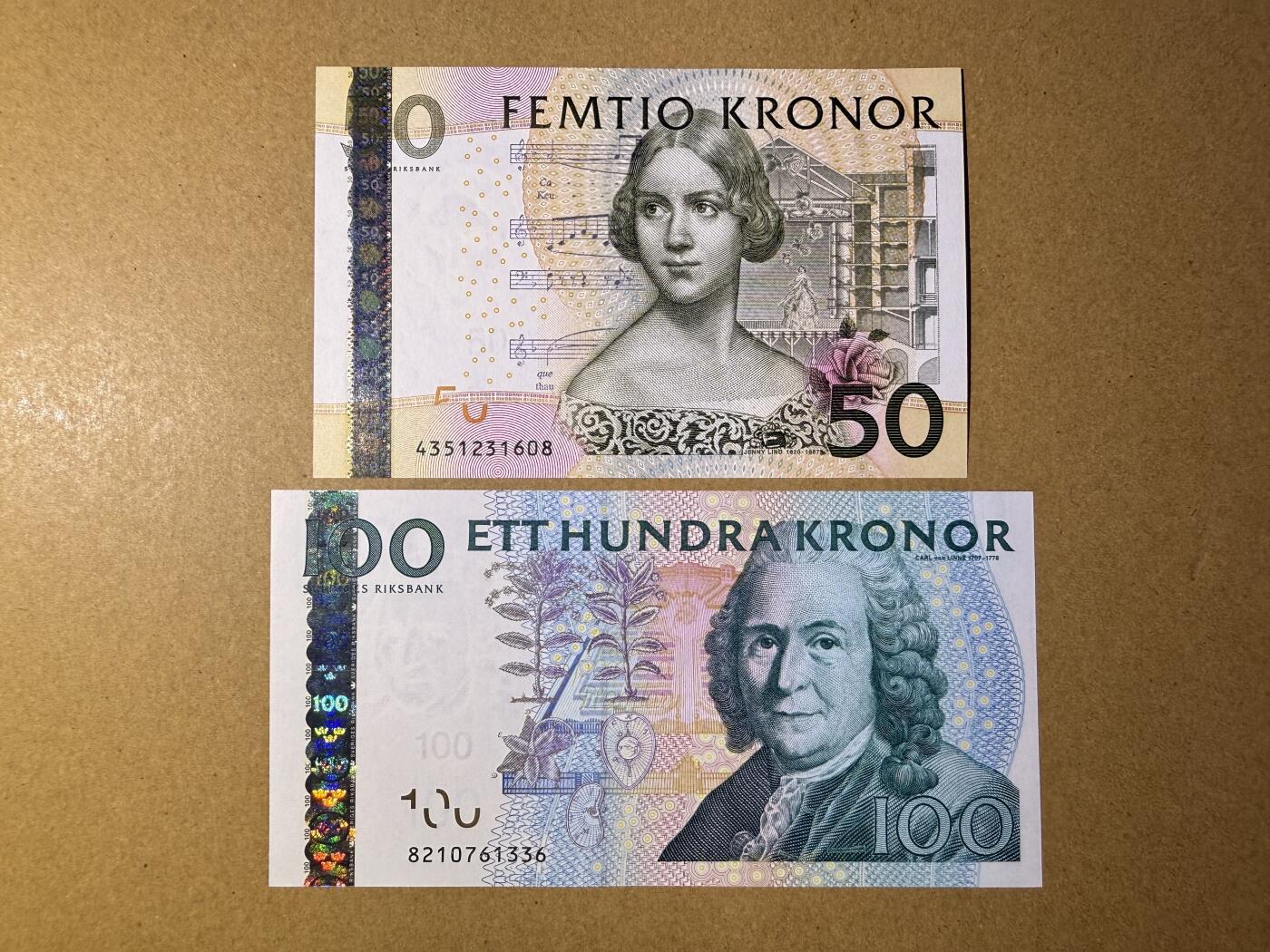 《艾美收藏》第218期-11.2周日外币荟萃 瑞典50、100克朗2张 UNC 夜莺和林奈