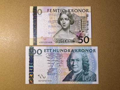 《艾美收藏》第218期-11.2周日外币荟萃 - 瑞典50、100克朗2张 UNC 夜莺和林奈