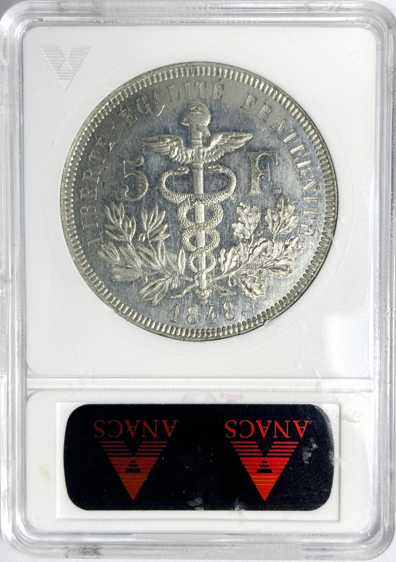 【雨安】【世界币章112-113期】周五/周六 两场连拍 2025-11-01 周六 19:30 保真 8秒倒数自动落锤 高效拍卖 [评级法国] France 法国 样币 5法郎 1848年 KM-Pn75 谷物女神 ANACS-PF63