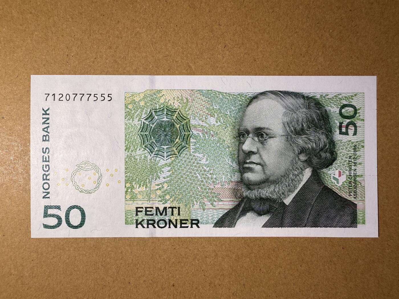《艾美收藏》第218期-11.2周日外币荟萃 豹子号 挪威50克朗 UNC 2005年 挪威民俗作家艾伯乔森 无4豹子号