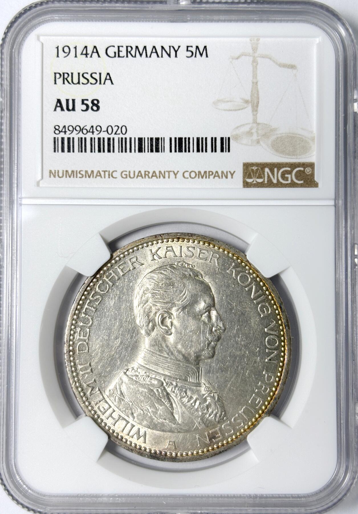 【雨安】【世界币章112-113期】周五/周六 两场连拍 2025-11-01 周六 19:30 保真 8秒倒数自动落锤 高效拍卖 [评级德国] Germany 德国 帝国 J.114 普鲁士 5马克 (1913-1914) 军装 1914年 NGC-AU58