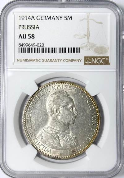 【雨安】【世界币章112-113期】周五/周六 两场连拍 2025-11-01 周六 19:30 保真 8秒倒数自动落锤 高效拍卖 - [评级德国] Germany 德国 帝国 J.114 普鲁士 5马克 (1913-1914) 军装 1914年 NGC-AU58