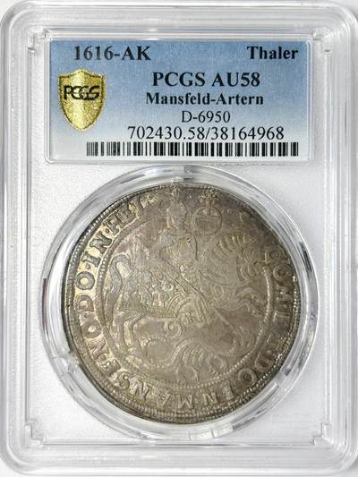 【雨安】【世界币章112-113期】周五/周六 两场连拍 2025-11-01 周六 19:30 保真 8秒倒数自动落锤 高效拍卖 - [评级德国] Germany 德国 德意志 曼斯菲尔德 1泰勒 1616年 屠龙 PCGS-AU58