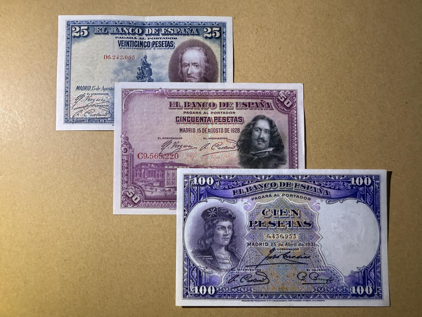 《艾美收藏》第218期-11.2周日外币荟萃 西班牙25、50、100比塞塔3张 AU 1928-31年老版本