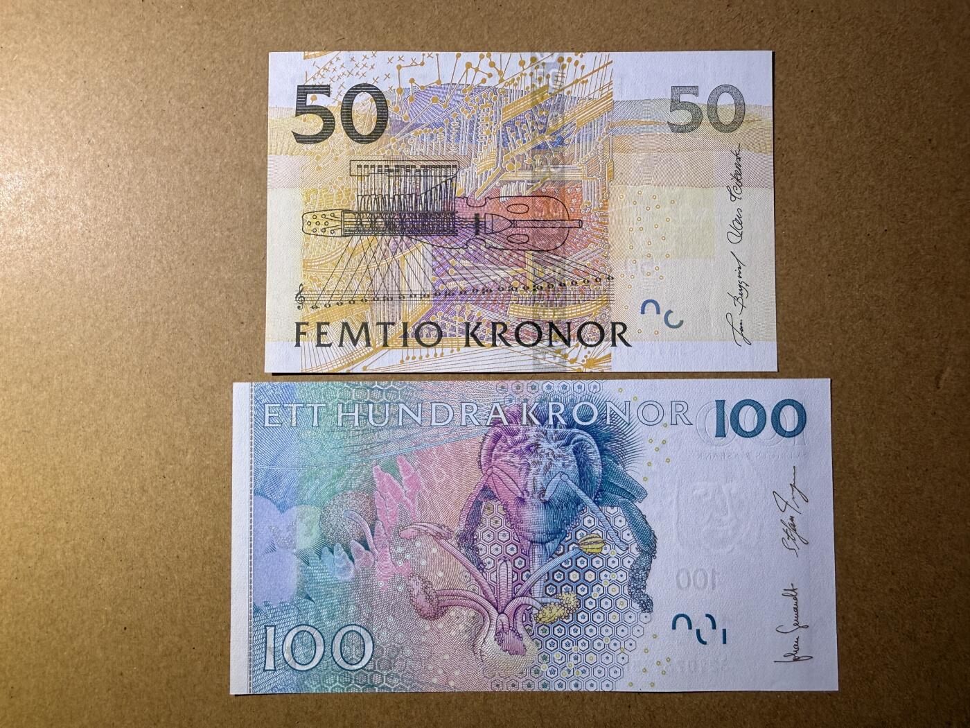 《艾美收藏》第218期-11.2周日外币荟萃 瑞典50、100克朗2张 UNC 夜莺和林奈