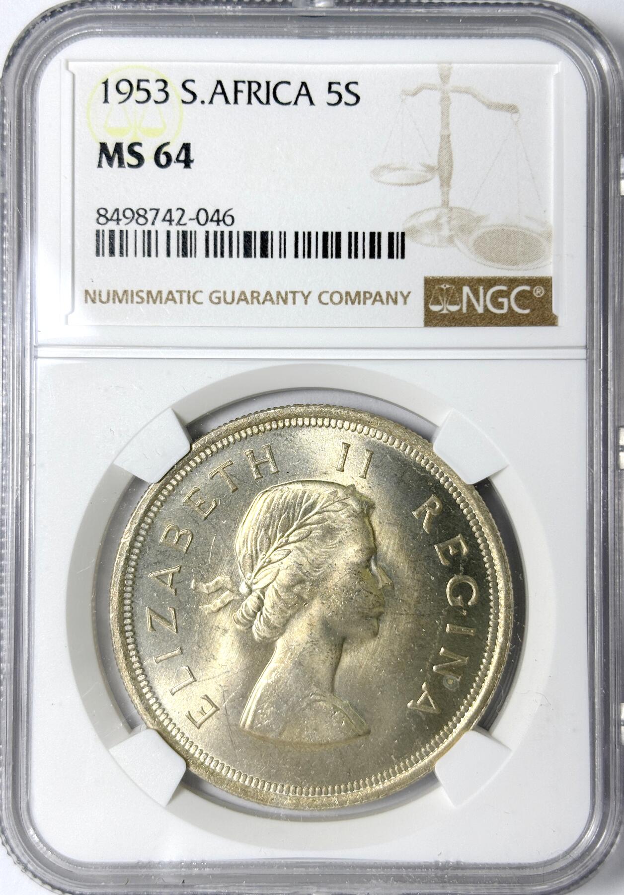 【雨安】【世界币章112-113期】周五/周六 两场连拍 2025-11-01 周六 19:30 保真 8秒倒数自动落锤 高效拍卖 [评级非洲] South Africa 南非 5先令 1953年 伊丽莎白二世 NGC-MS64