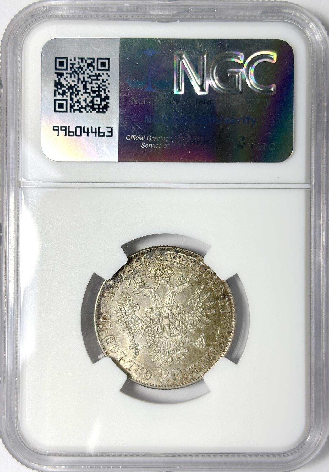 【雨安】【世界币章112-113期】周五/周六 两场连拍 2025-11-01 周六 19:30 保真 8秒倒数自动落锤 高效拍卖 [评级欧洲] Austria 奥地利 20克鲁泽 1846年 NGC-MS63