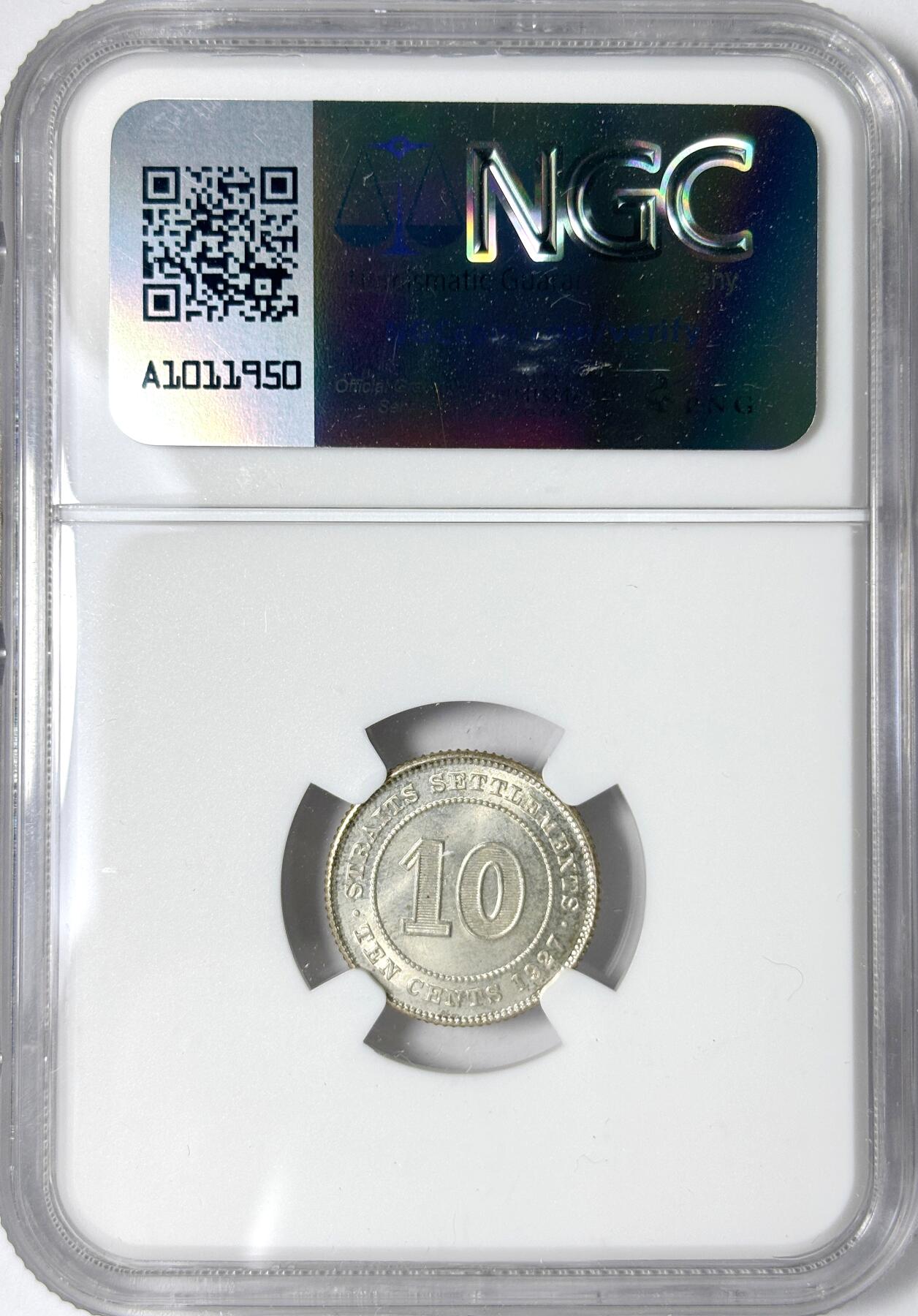 【雨安】【世界币章112-113期】周五/周六 两场连拍 2025-11-01 周六 19:30 保真 8秒倒数自动落锤 高效拍卖 [评级亚洲] Straits Settlements 英属海峡 10分 1927年 乔治五世 NGC-MS66