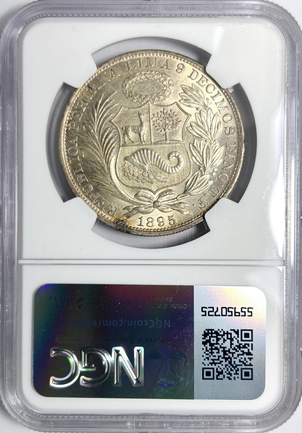 【雨安】【世界币章112-113期】周五/周六 两场连拍 2025-11-01 周六 19:30 保真 8秒倒数自动落锤 高效拍卖 [评级美洲] Peru 秘鲁 1索尔 1895年 NGC-MS65