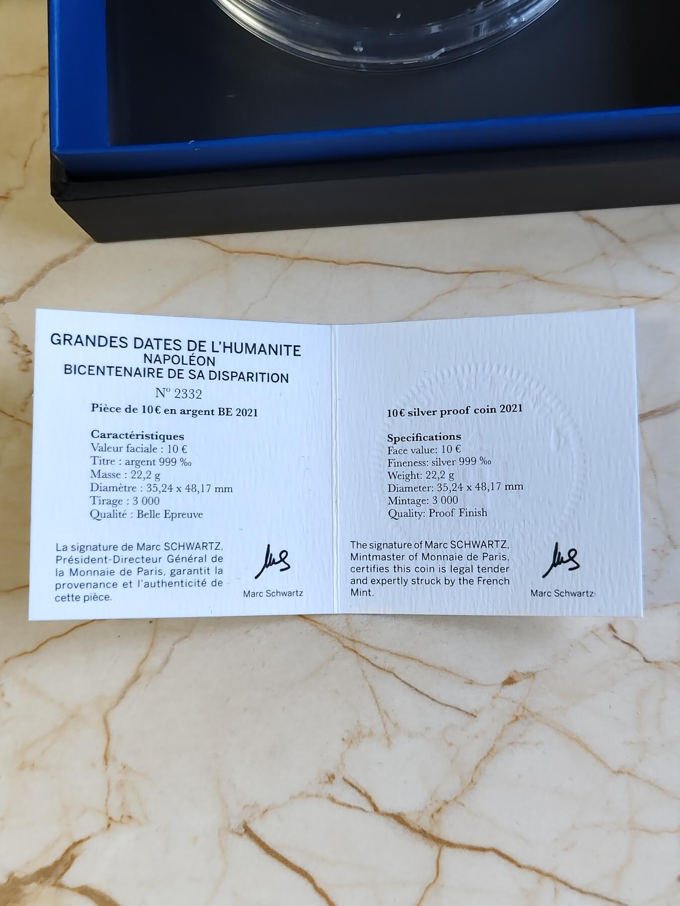 第180期拍卖【长期征集拍品】【北京币展专场】 法国2021年拿破仑逝世200周年异形精制纪念银币，999银，22.2克，有氧化