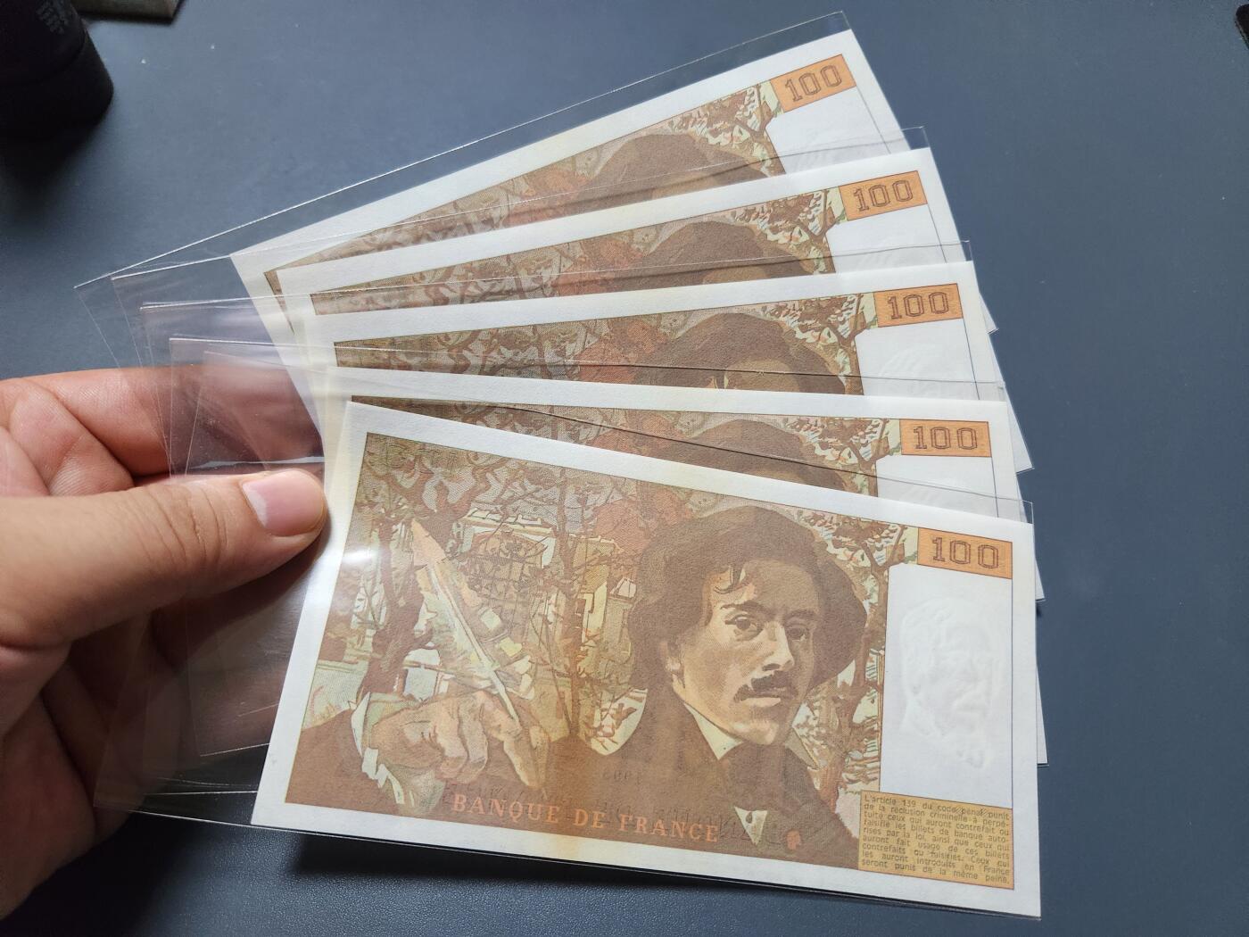 11月1号晚上8点 外国纸币自动截拍第50场 法国1993年100法郎 5连号 无折有黄斑