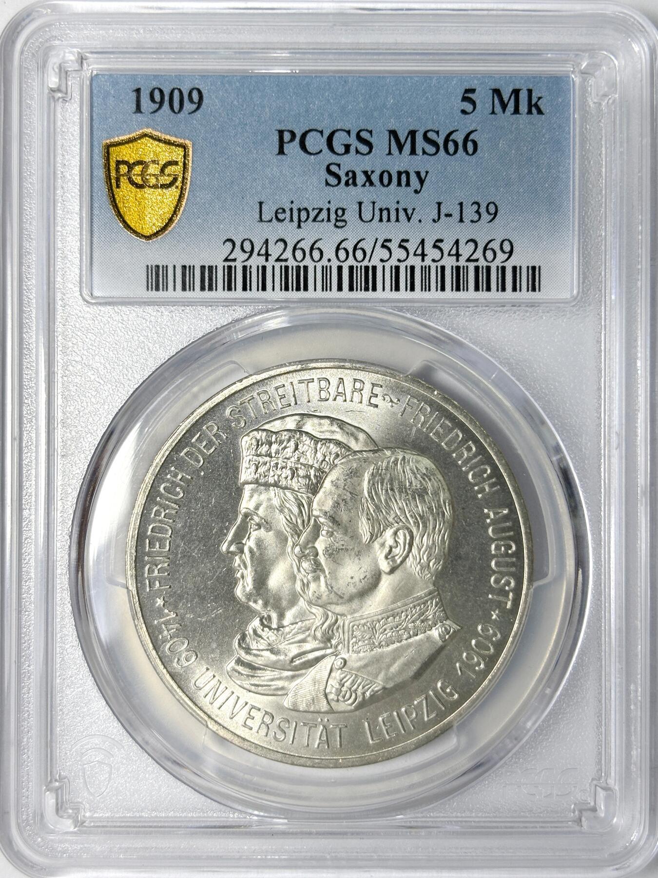 【雨安】【世界币章112-113期】周五/周六 两场连拍 2025-11-01 周六 19:30 保真 8秒倒数自动落锤 高效拍卖 [评级德国] Germany 德国 帝国 萨克森 5马克 (1909) 耶拿大学 1909年 PCGS-MS66