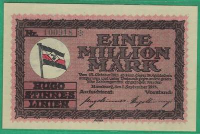 德国1923年1000000(100万)马克 补号钞 雨果-施廷内斯航运公司于汉堡发行的紧急货币 实物图 UNC - 德国1923年1000000(100万)马克 补号钞 雨果-施廷内斯航运公司于汉堡发行的紧急货币 实物图 UNC