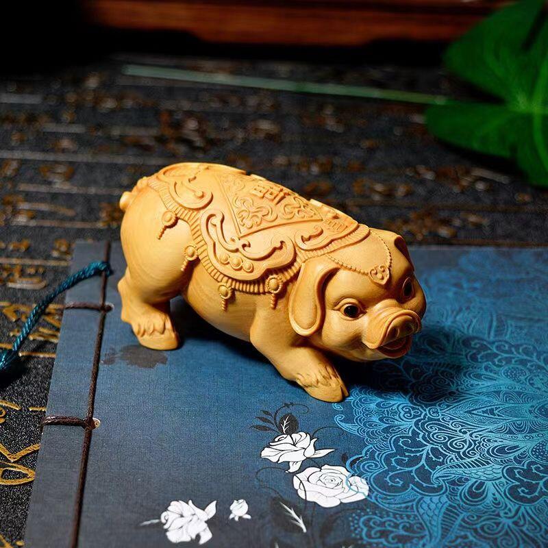 听雨轩（14）木雕 崖柏木雕刻生肖猪福喜可爱手把件 7cm