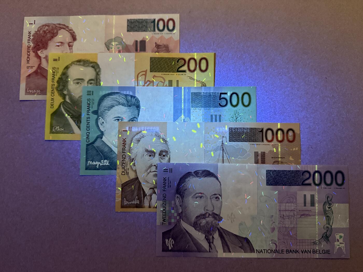 《艾美收藏》第218期-11.2周日外币荟萃 比利时100、200、500、1000、2000法郎5张UNC 末版 原票 张张好品相
