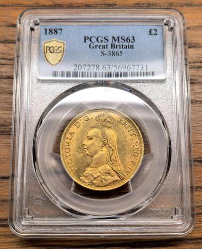 凡希社世界钱币微拍第三百十三期 - 1887英国老维高冠2金镑PCGS-MS63，金色纯正，光度一流，15.98g，917金。，