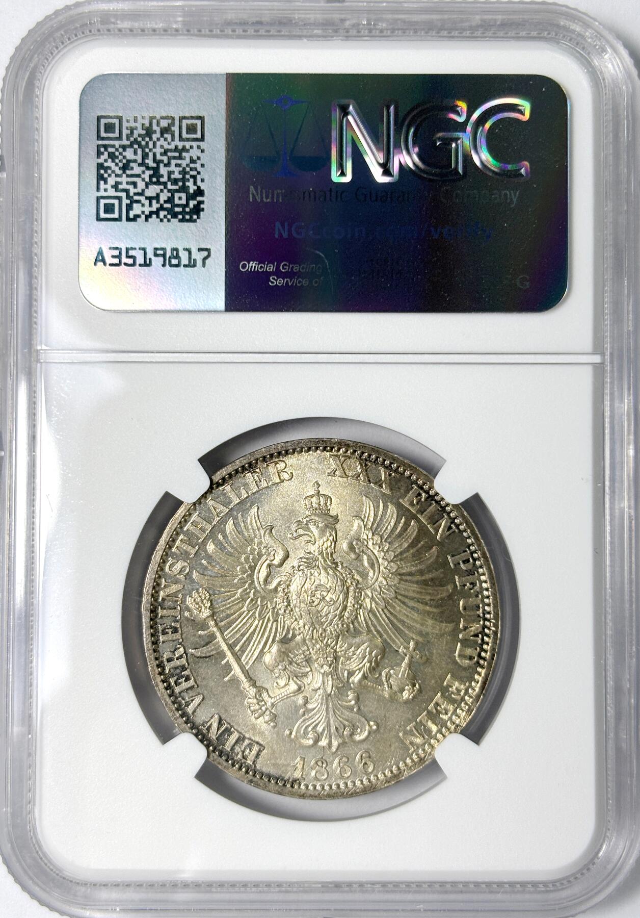 【雨安】【世界币章112-113期】周五/周六 两场连拍 2025-11-01 周六 19:30 保真 8秒倒数自动落锤 高效拍卖 [评级德国] Germany 德国 德意志 1泰勒 Prussia普鲁士 Thun.271 KM#0497 (1866) 威廉一世.普奥战争.桂冠 1866年 NGC-MS65 罕见高分