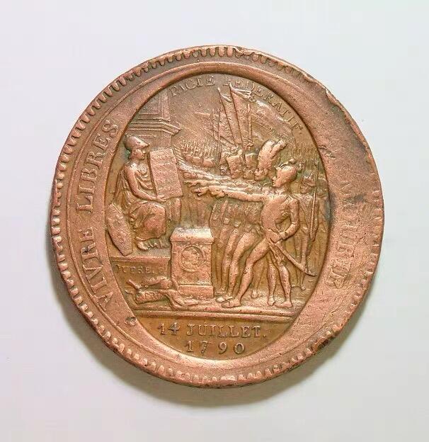 法国1792年 大革命莫奈龙5索尔高浮雕大铜币章 40MM