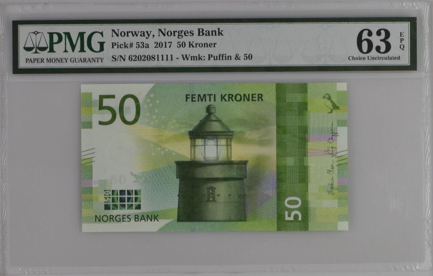 【Blue Auction】世界纸币精拍第745期——18级TOP拍卖/信誉/品质/专业/高效💫 【1111狮子号无47】挪威 2017年50克朗 PMG63EPQ 