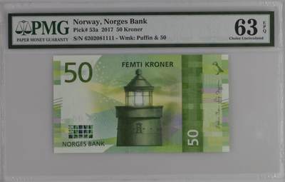 【Blue Auction】世界纸币精拍第745期——18级TOP拍卖/信誉/品质/专业/高效💫 - 【1111狮子号无47】挪威 2017年50克朗 PMG63EPQ 