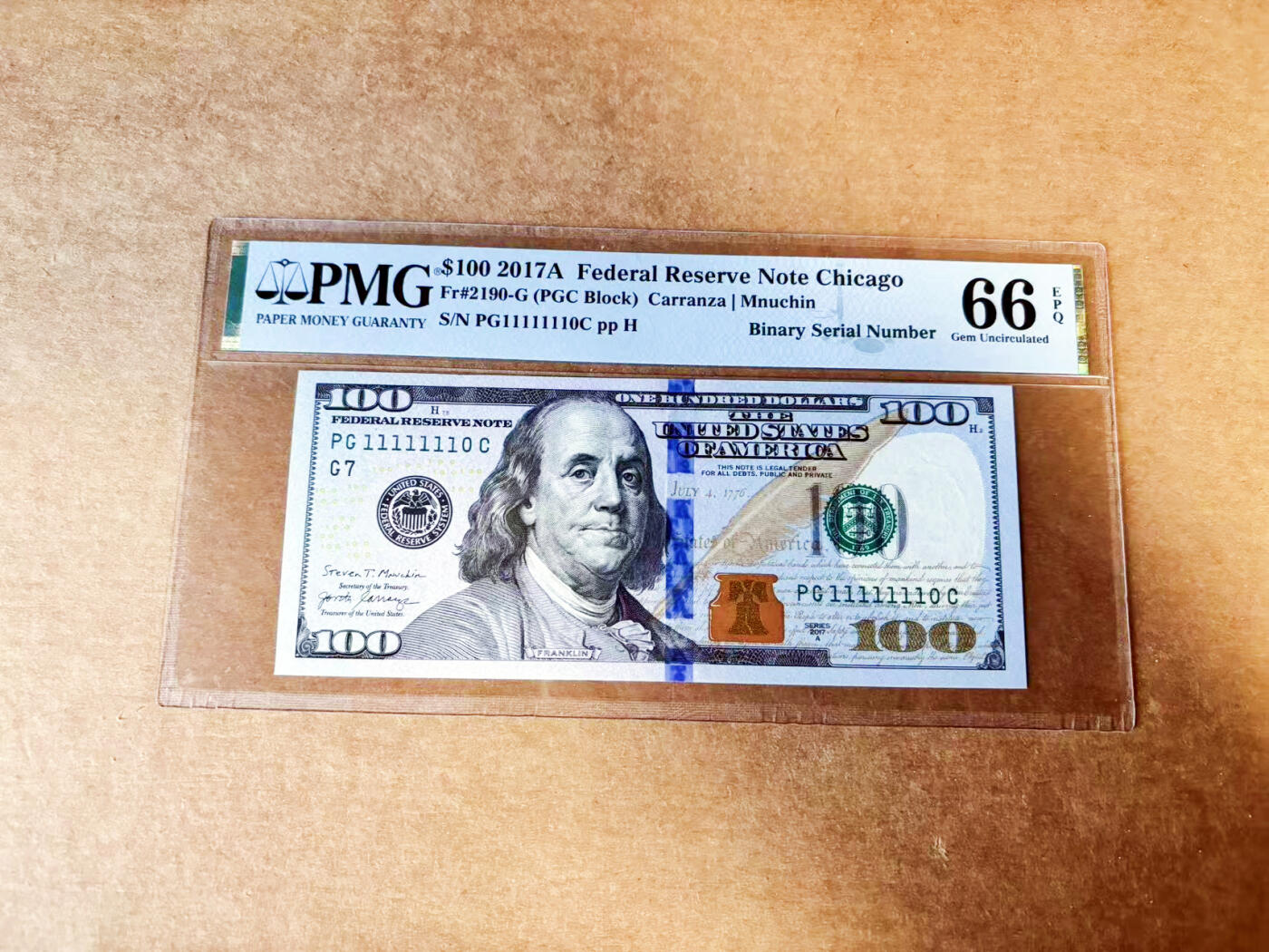 【Blue Auction】世界纸币精拍第745期——18级TOP拍卖/信誉/品质/专业/高效💫 【近全同1 二进制号 倒置号】美国 2017年100美金 PMG66EPQ 