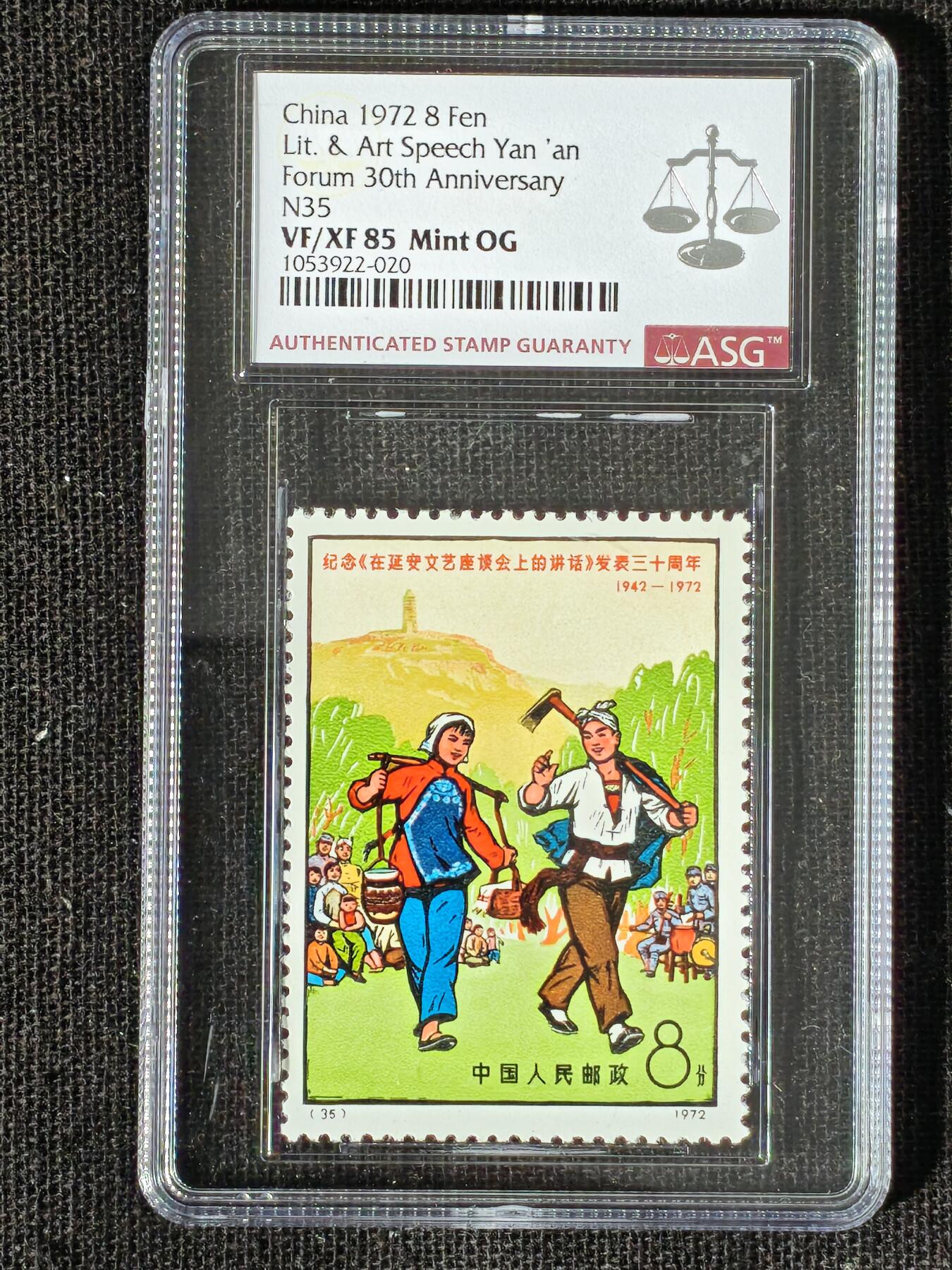 刘世昌艺术品销售中心～虎踞龙蟠*金杨在线联拍群第508期 1972年N33-38 《延安文艺座谈会上的讲话》 编号邮票（ASG VF/XF85 串号：1053922-025～017、019、020、022、024、027 ）一套6枚。