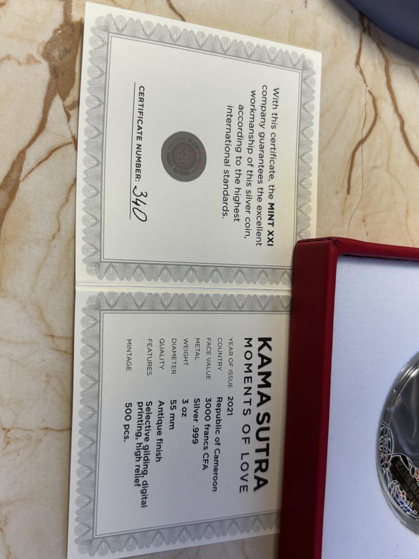 第180期拍卖【长期征集拍品】【北京币展专场】 喀麦隆2021年爱情系列爱经3盎司高浮雕仿古彩银币，999银，发行500枚